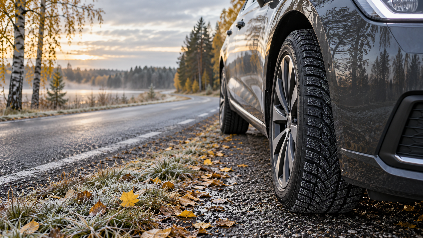 Talverehviga auto ja härmatis tee ääres sügisesel hommikul