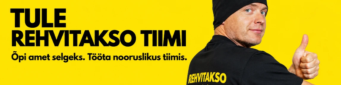 Tule Rehvitakso tiimi – kollane värbamisbänner Rehvitakso töötajaga.